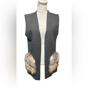 Linda Richards women's L grey wool blend knit open front vest real fur pockets